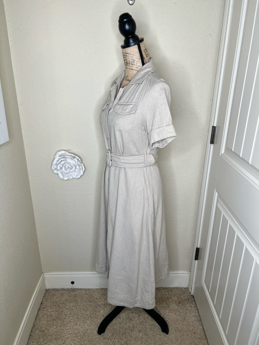 NTM Tahari Linen Blend Shirt Dress Belted Button Front Taupe XS Midi Pockets - Picture 9 of 16